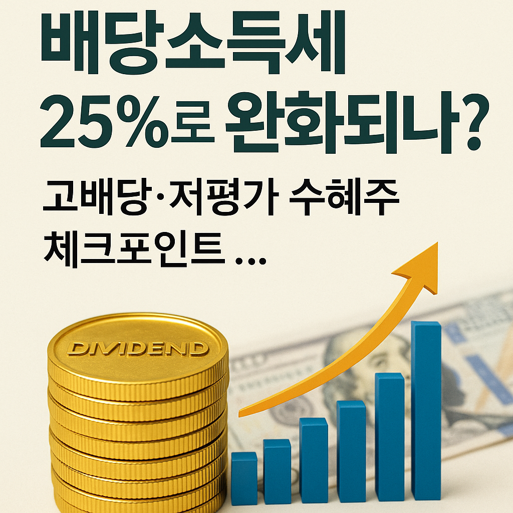 배당소득세 25% 완화 관련 그래픽과 상승 그래프, 금화 이미지