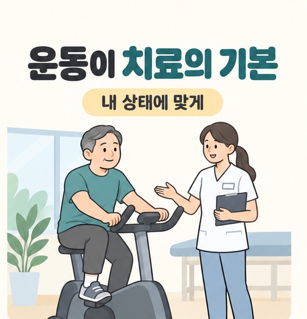 운동이 치료의 기본이라는 문구와 내 상태에 맞게라는 안내 아래 남성이 치료사의 설명을 들으며 실내 자전거를 타는 모습