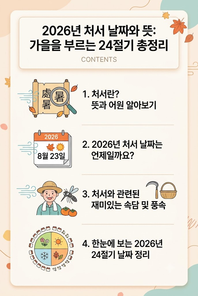 처서 뜻, 2026년 처서 날짜는 언제? 어원, 관련 속담 및 풍속, 24절기 날짜 정리