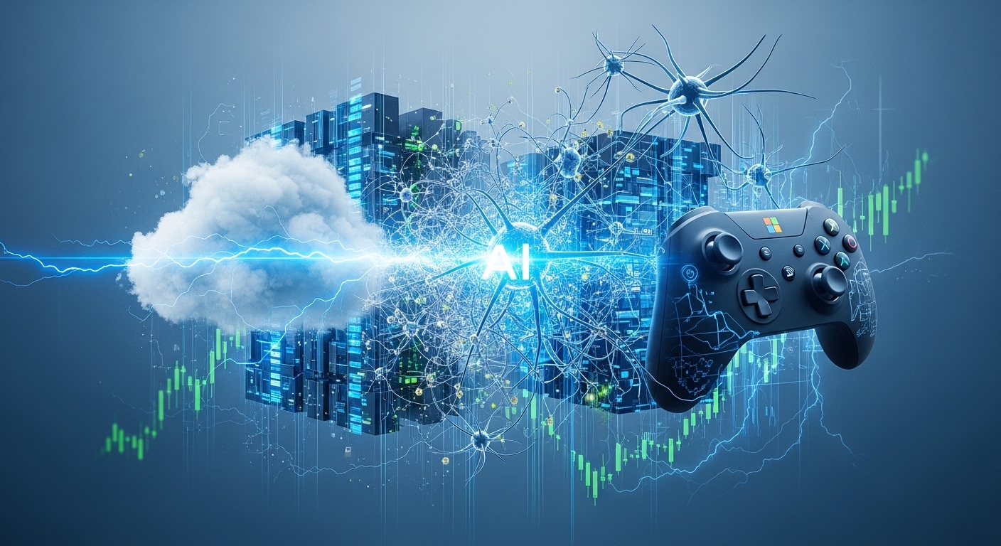 마이크로소프트의 다양한 성장 동력인 클라우드, AI, 게이밍이 조화롭게 어우러진 미래지향적인 이미지. 상승하는 주식 차트가 배경에 희미하게 보인다.
