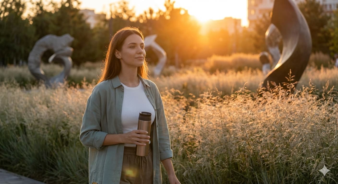 해 질 녘 도심 속 자연 공원에서 따뜻한 차를 마시며 여유롭게 산책하는 아름다운 여성의 모습.
