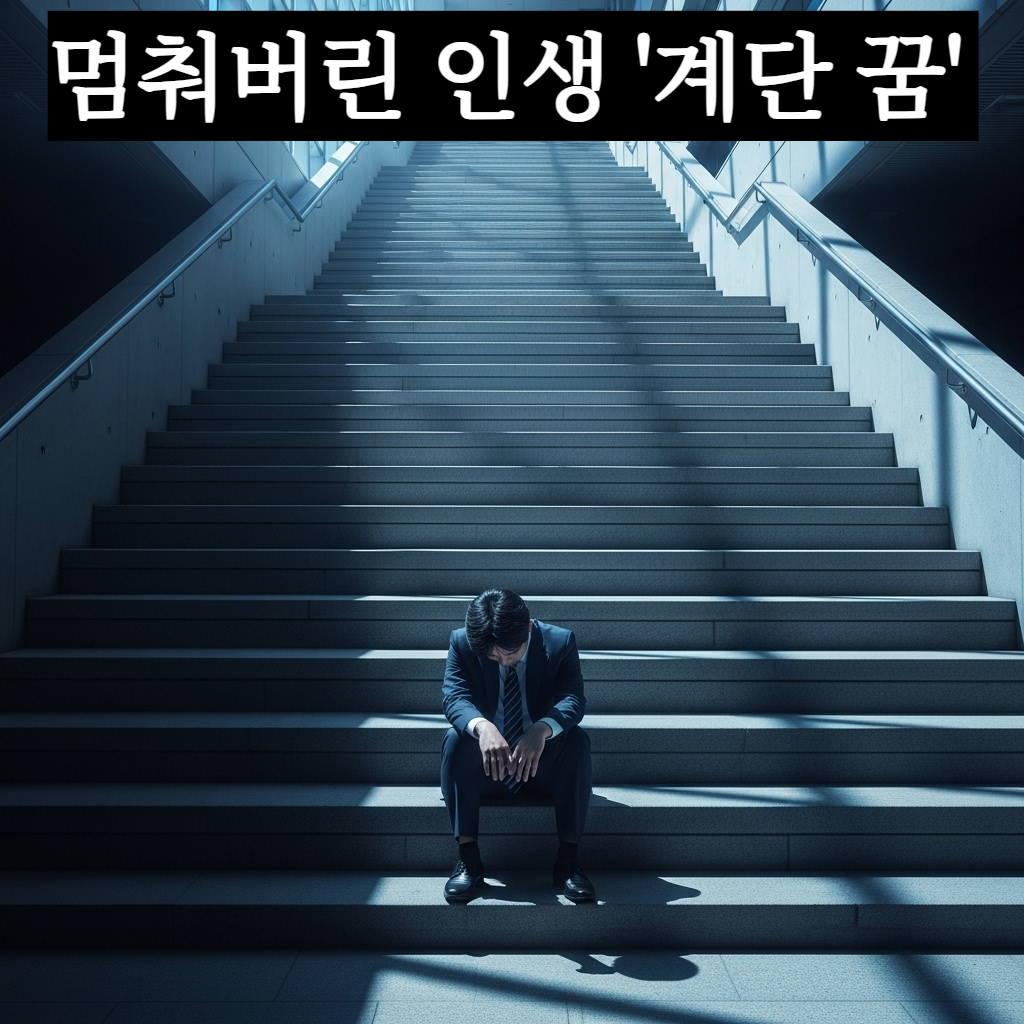 끝이 보이지 않는 높은 현대식 건물 계단을 오르다 지쳐서 고개를 숙이고 주저앉아 있는 한국인 직장인의 모습의 일러스트