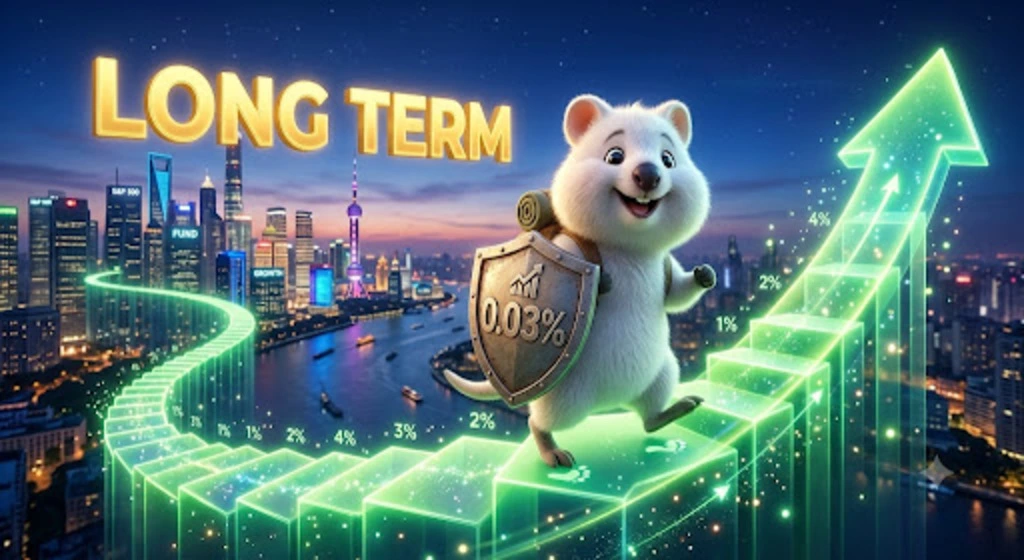 미국 주식 장기 투자 시 IVV, VOO의 0.03%라는 저렴한 ETF 운용 수수료가 투자자의 자산을 지키는 든든한 방패 역할을 하며 우상향 수익률을 만들어낸다는 개념을 표현한 일러스트.