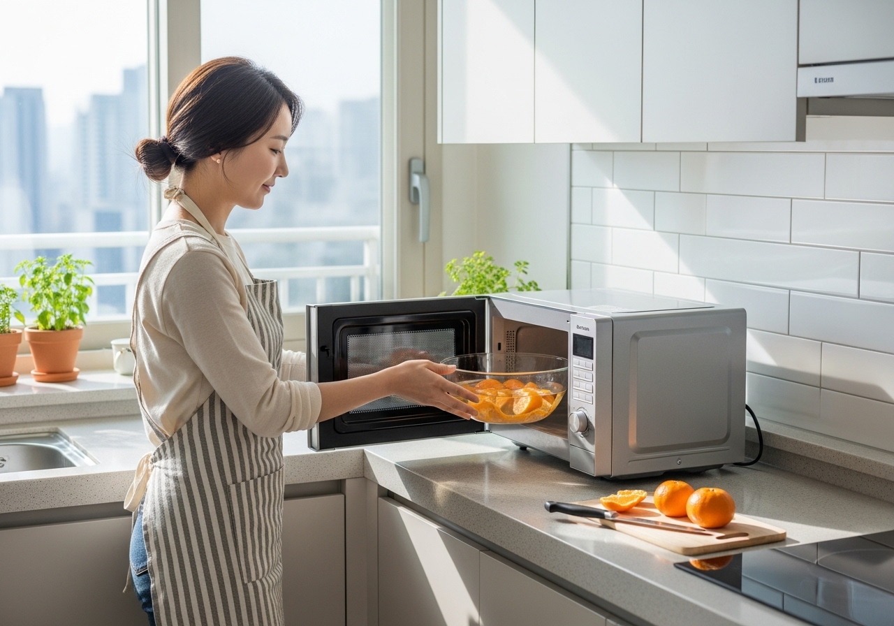 한국 아파트 주방에서 전자레인지에 귤 껍질과 물이 담긴 그릇을 넣는 모습