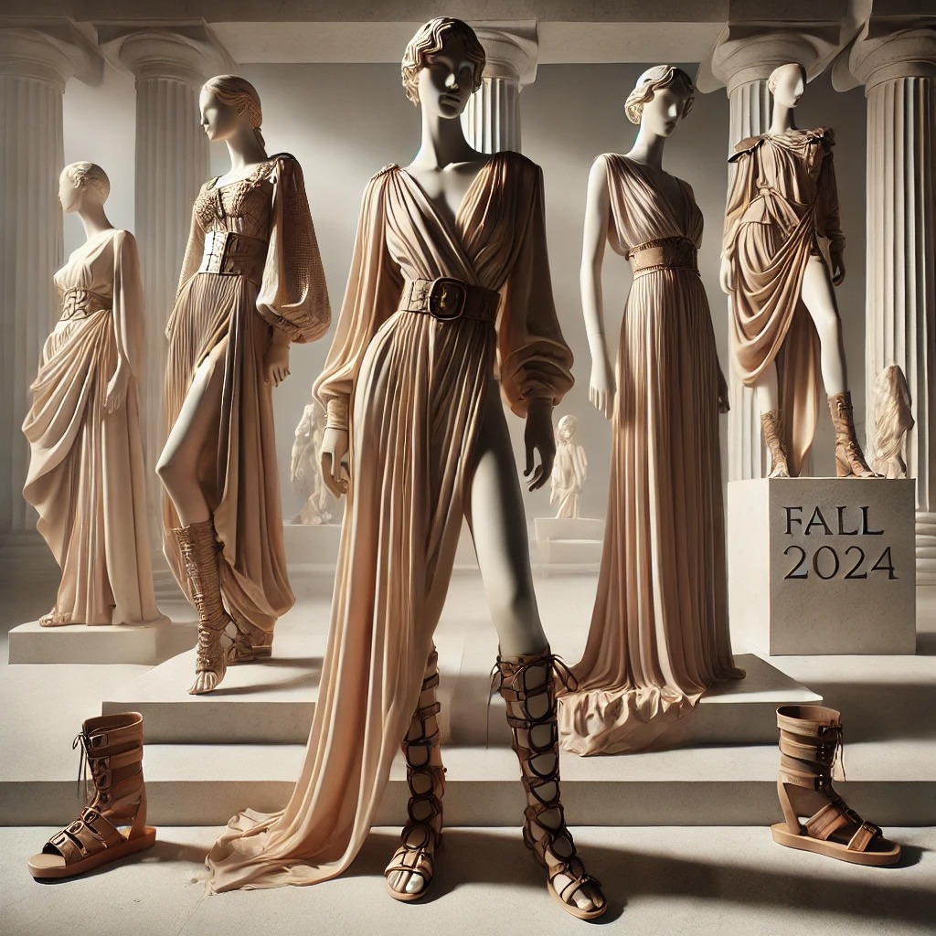 고대 그리스 운동선수에서 영감을 받아 여성성과 강인함을 아름답게 조화시킨 2024년 가을 패션룩을 묘사한 이미지. 이 디자인은 우아한 드레이프와 대담하고 구조화된 디테일을 결합하여 우아함과 회복력의 조화를 반영합니다.