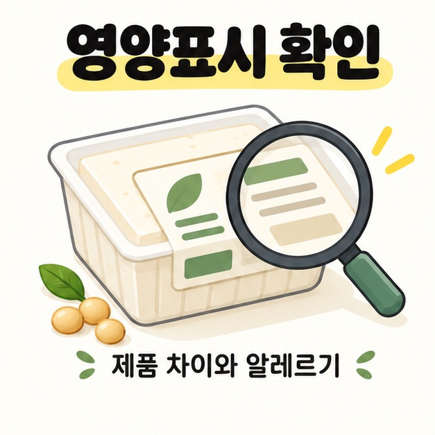 영양표시 확인과 섭취 주의사항을 표현한 두부 포장 그림