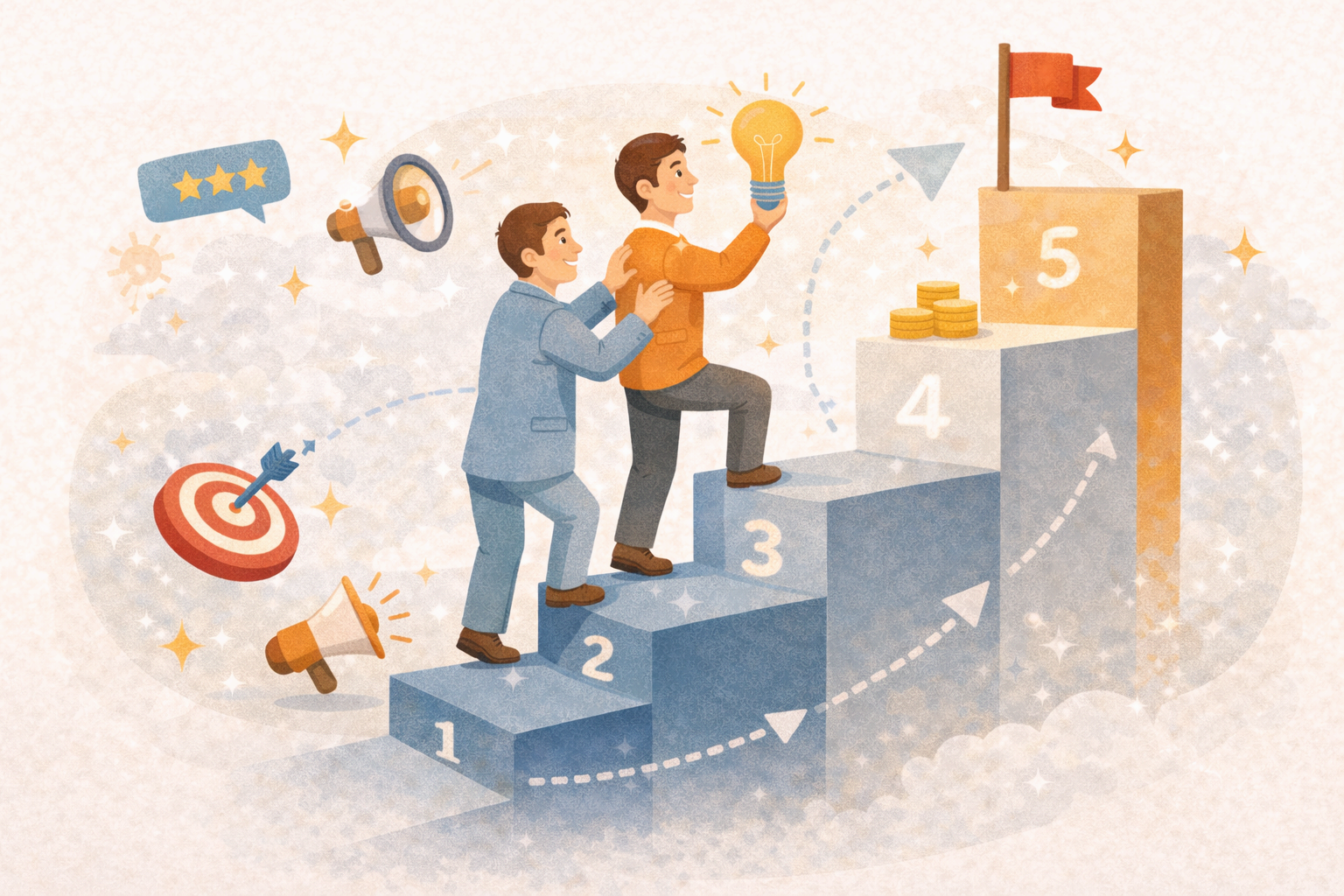 1인 기업 멘토링 5단계를 상징하는 계단과 조언자 일러스트