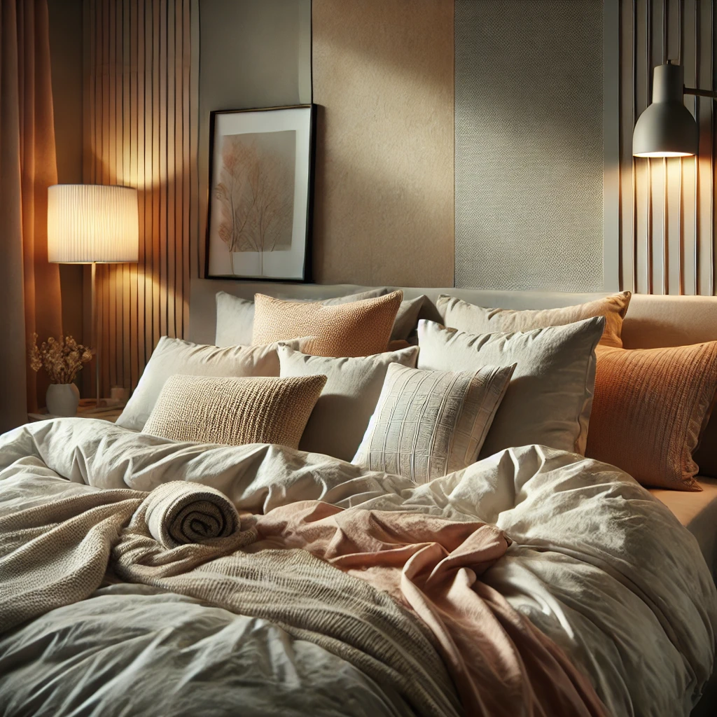 포근한 침실 공간, 차분한 색감의 벽지와 간접조명, 베딩 디테일이 잘 어우러진 이미지