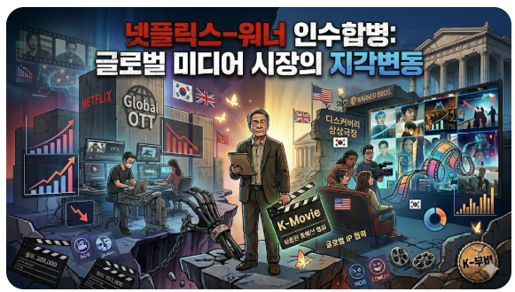 넷플릭스를 상징하는 거대 현대 건축물과 워너 브라더스를 상징하는 고전 신전 건물이 충돌하며 지각변동을 일으키는 장면입니다. 거대 자본의 결합과 미디어 산업의 판도 변화를 시각화했으며, 중앙의 인물을 통해 그 격변 속에서 한국 콘텐츠가 나아갈 방향을 고민하는 비평적 시선을 담았습니다.