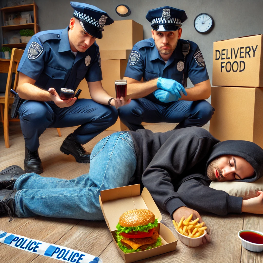 경찰이 거실에서 자고 있는 범죄자를 발견. 손에는 반쯤 먹다 만 햄버거가 들려 있음.