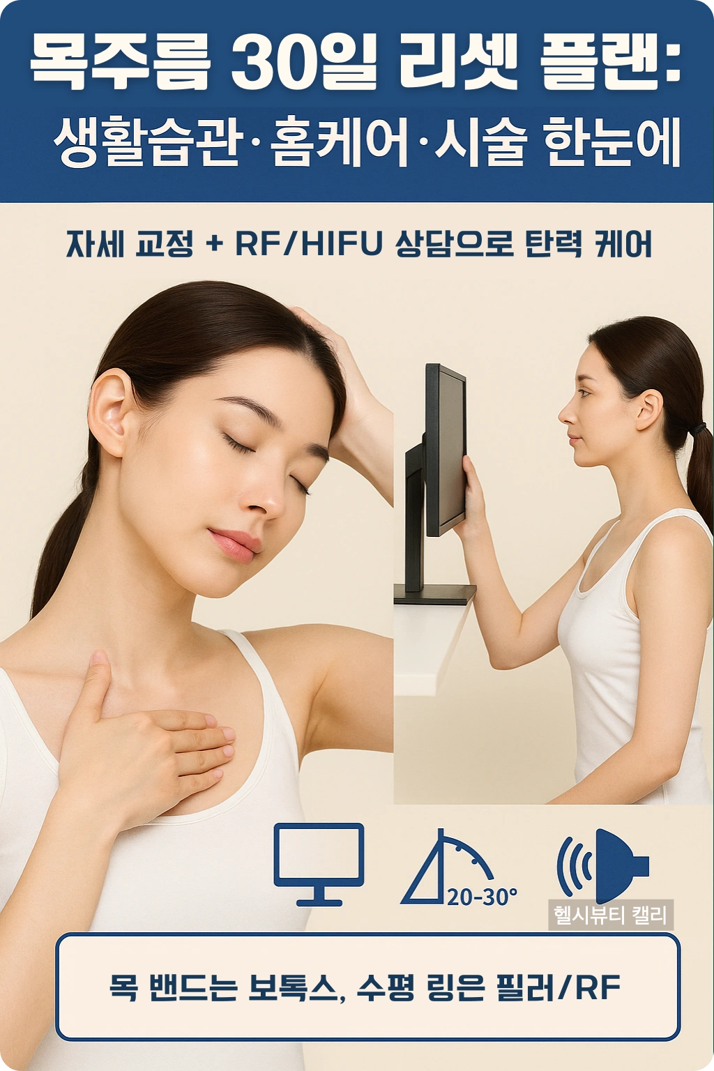 20대 여성이 목 스트레칭과 화면 높이 조절하는 모습, RF/HIFU 관련 아이콘 포함 인포그래픽