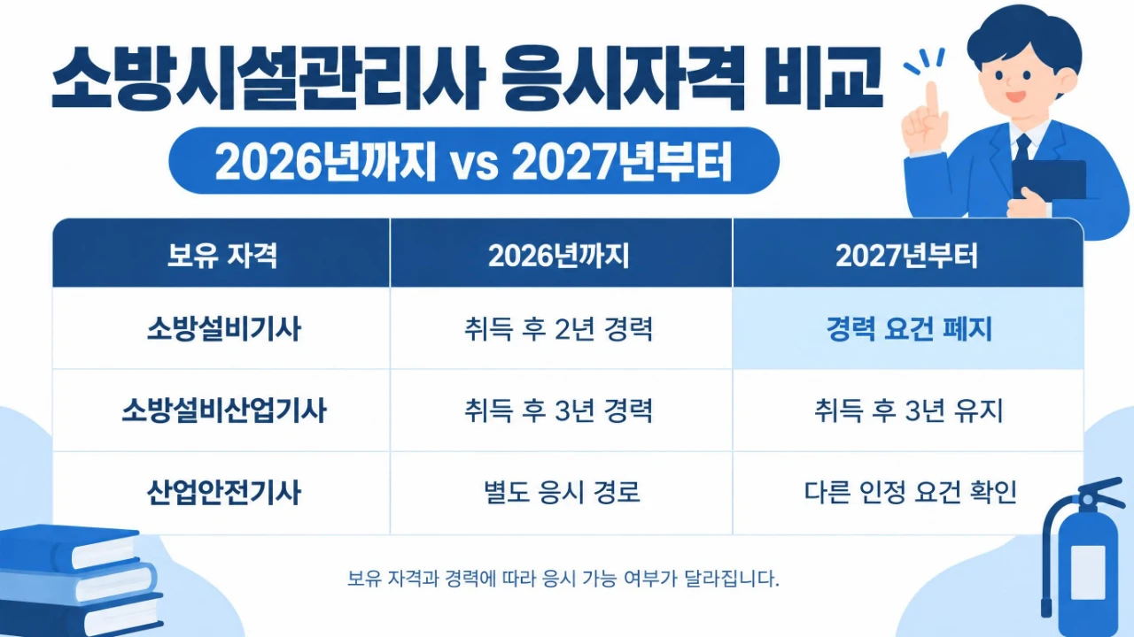 소방시설관리사 2026년과 2027년 응시자격 비교표, 소방설비기사 경력 폐지와 소방설비산업기사 및 산업안전기사 조건
