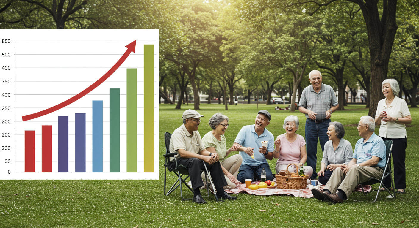 공원에 노년의 어르신들이 모여서 음식을 먹고 있고 담소를 나누고 있다. 옆에는 가파른 그래프의 상승을 표시하는게 삽입되어있다.
