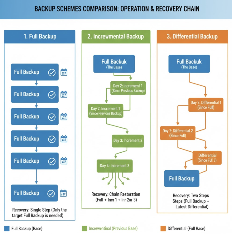 백업 방식 비교 다이어그램: 풀 백업, 증분 백업, 차등 백업의 작동 원리와 복구 체인을 보여주는 시각 자료. 각 섹션은 백업 유형의 정의, 백업 흐름, 그리고 복구에 필요한 단계를 설명한다. 풀 백업은 각 날짜별로 독립적인 전체 백업을, 증분 백업은 이전 백업을 기준으로 변경된 데이터만 백업하는 체인 형태를, 차등 백업은 마지막 풀 백업을 기준으로 변경된 데이터를 누적하여 백업하는 방식을 시각적으로 구분하여 보여준다