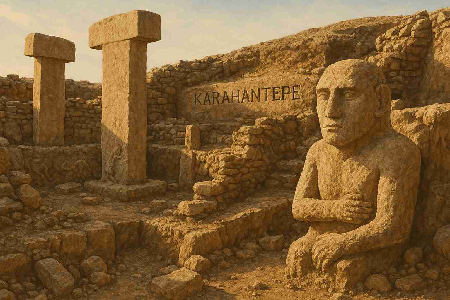 카라한 테페의 T자형 석상과 인간 조각상이 배치된 고대 유적 발굴 현장 일러스트