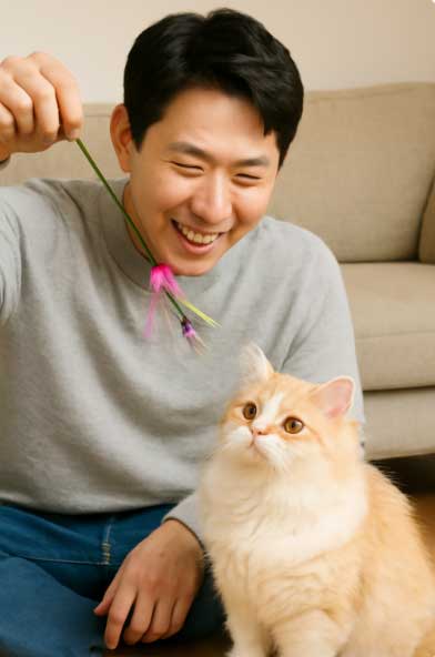 젊은 한국 남성이 밝게 웃으며 고양이와 함께