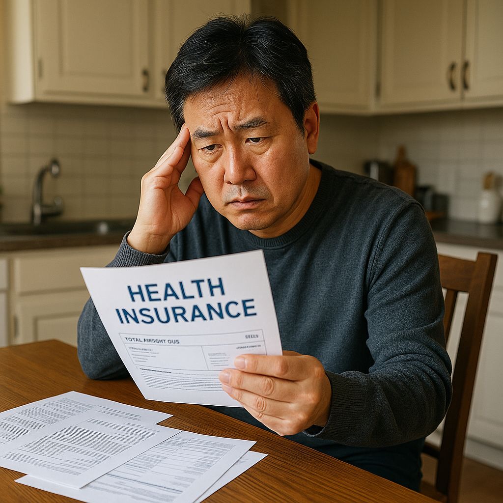 건강보험료 고지서를 확인하며 고민하는 모습