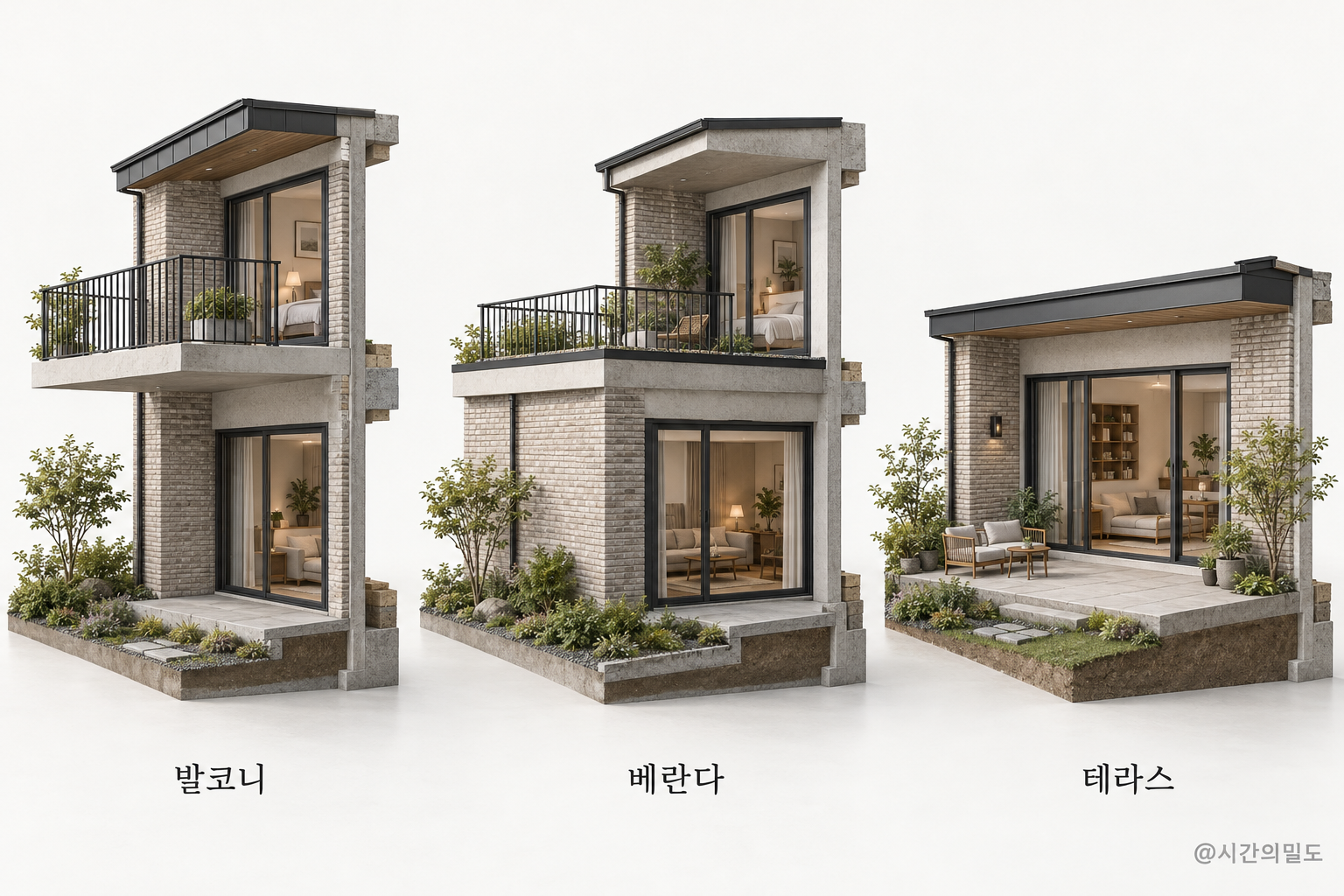 같은 시점으로 비교한 발코니의 돌출 바닥, 아래층 지붕 위 베란다, 지면에 닿은 테라스