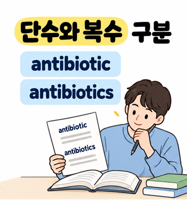 단수와 복수 구분 문구와 antibiotic 및 antibiotics 아래 두 단어가 적힌 안내를 공부하는 남성