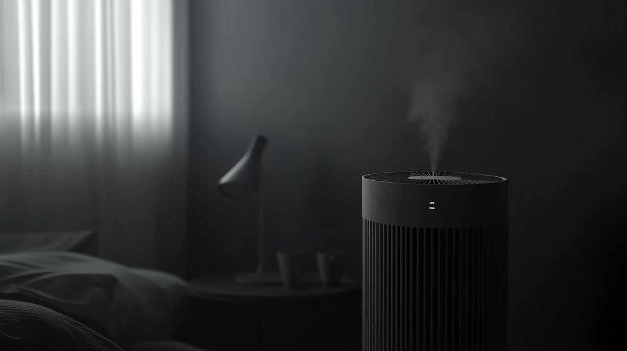 최신 공기청정기가 밤에도 조용히 작동하여 쾌적한 수면 환경을 제공하며, 저소음 공기청정기, 야간 사용, 실내공기 관리, 수면 환경 개선, 초미세먼지 제거 등 주요 성능을 직관적으로 보여줍니다.