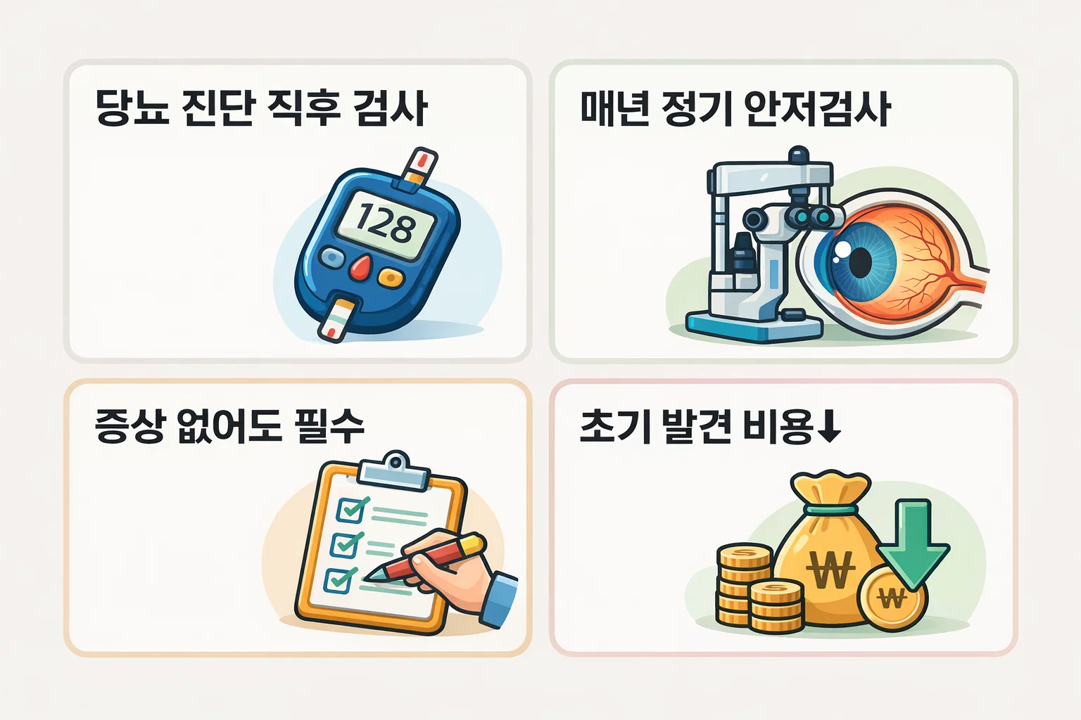 당뇨 진단 직후 검사와 매년 정기 안저검사가 필요한 이유를 증상 유무와 관계 없이 설명한 예시 이미지
