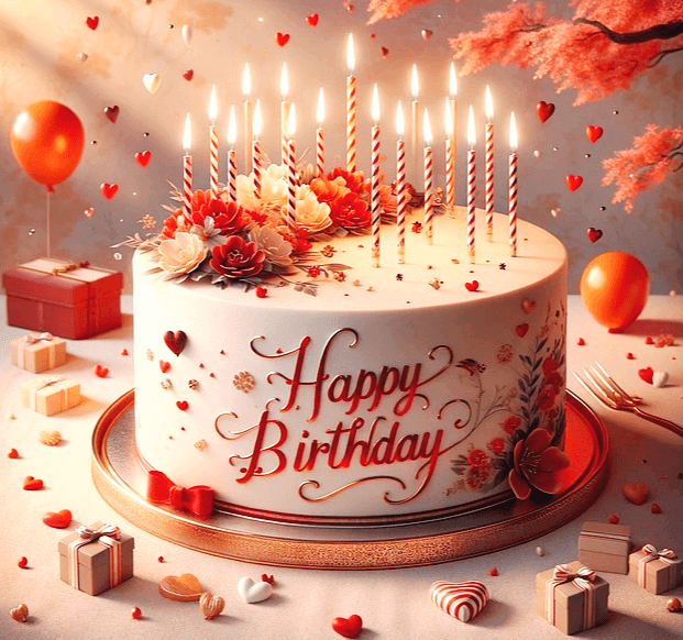 탁자 위에 하얀 크림 케이크가 있다. 케이크 위에는 촛불 수십개가 있고 예쁜 꽃들로 장식됐다. 케이크 주변에는 작은 하트들과 빨간 풍선, 작은 선물상자들이 가득하다.