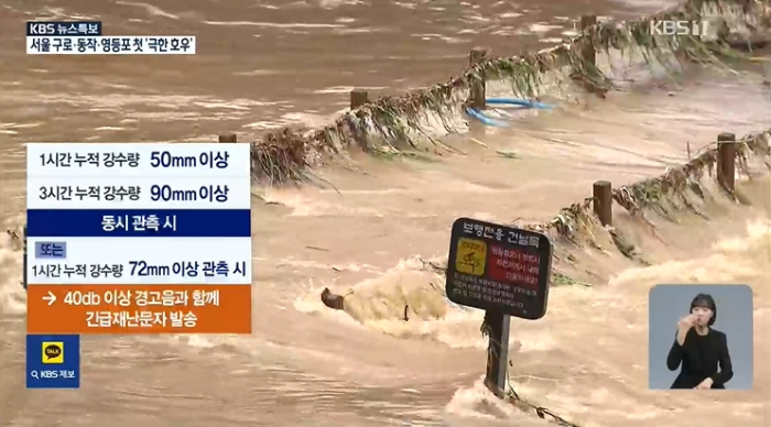 새롭게 도입된 극한호우 재난 문자 발송이 금일 서울 구로구와 동작구에 첫 발송되었다.