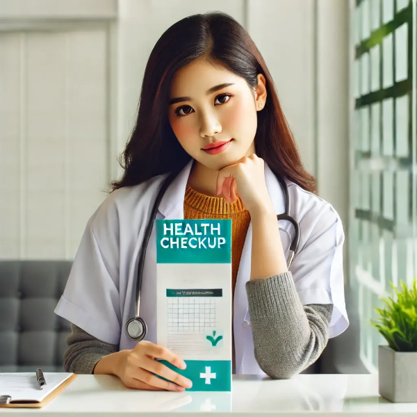 건강검진 안내 책자를 들고 있는 동양인 젊은 여성