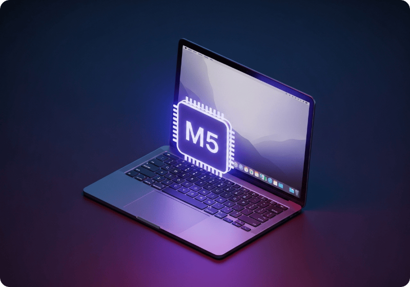 M5 칩이 떠 있는 맥북 프로의 3D 렌더링 이미지, 어두운 그라데이션 배경에 파란색과 보라색 톤으로 표현된 현대적이고 미니멀한 디자인