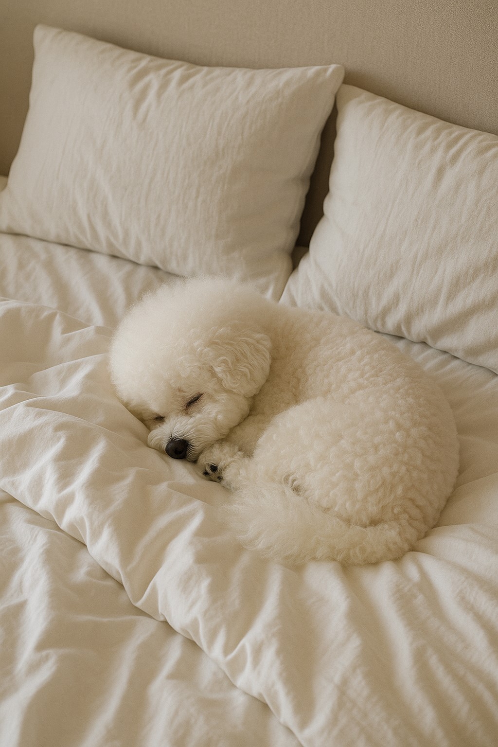 침대에서 자고 있는 비숑