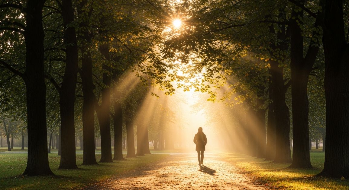 아침 햇빛을 받으며 산책하는 사람과 비타민D 건강 이미지