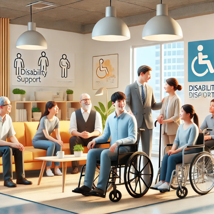다양한 사람들이 모여 서로 지지하며 소통하는 장애인 지원 센터의 모습