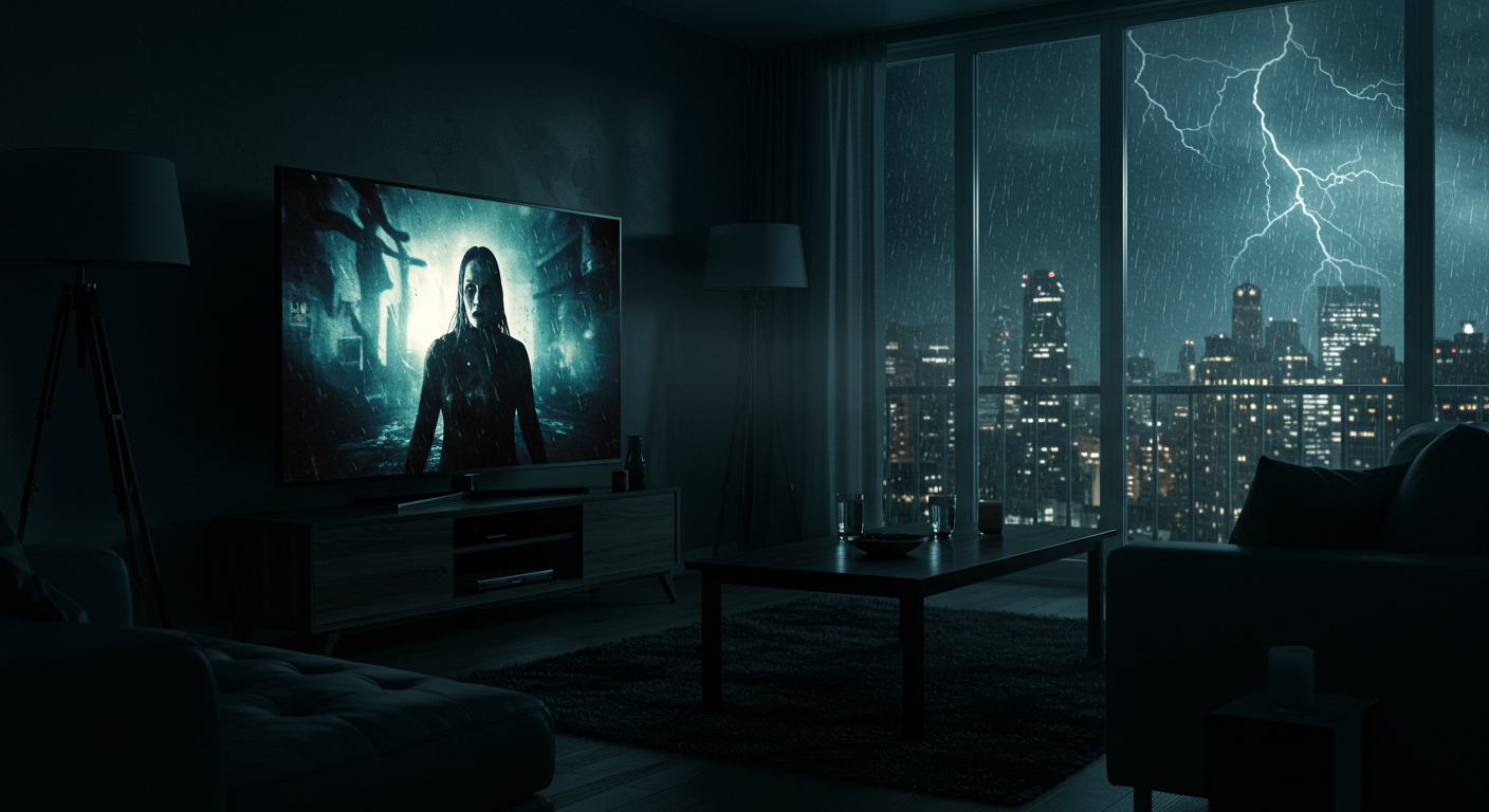 어두운 거실, 비 오는 창문