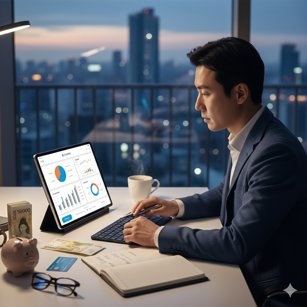야경이 보이는 사무실에서 태블릿으로 재테크 포트폴리오를 확인하며 월급관리 및 투자 계획을 세우는 직장인 남성