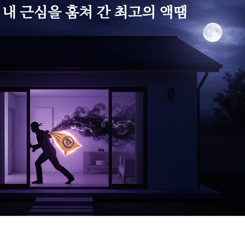 어두운 밤, 집에 침입한 도둑이 물건 대신 검은 연기(불운)를 자루에 담아 나가는 신비롭고 몽환적인 일러스트