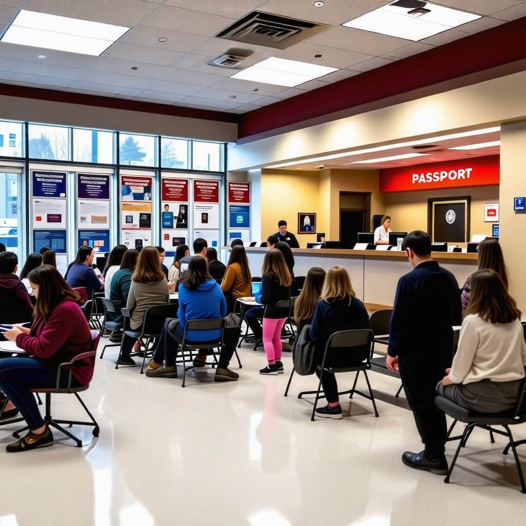 여권 발급을 기다리는 사람들의 모습, 대기실의 전경.