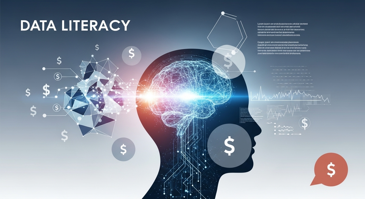 데이터 스트림이 사람의 머리 속으로 흘러들어가는 추상적인 이미지. 금융 시장에서 AI 리터러시와 데이터 기반 의사결정의 중요성을 시각적으로 표현합니다.