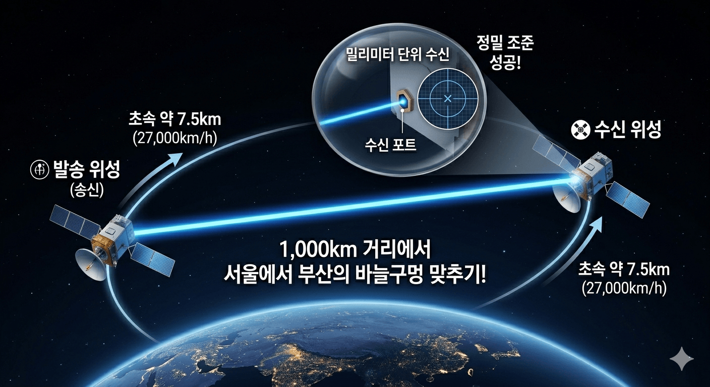 엄청난 속도로 이동하는 두 위성이 미세한 레이저 빔을 오차 없이 주고받는 정밀 제어 개념도