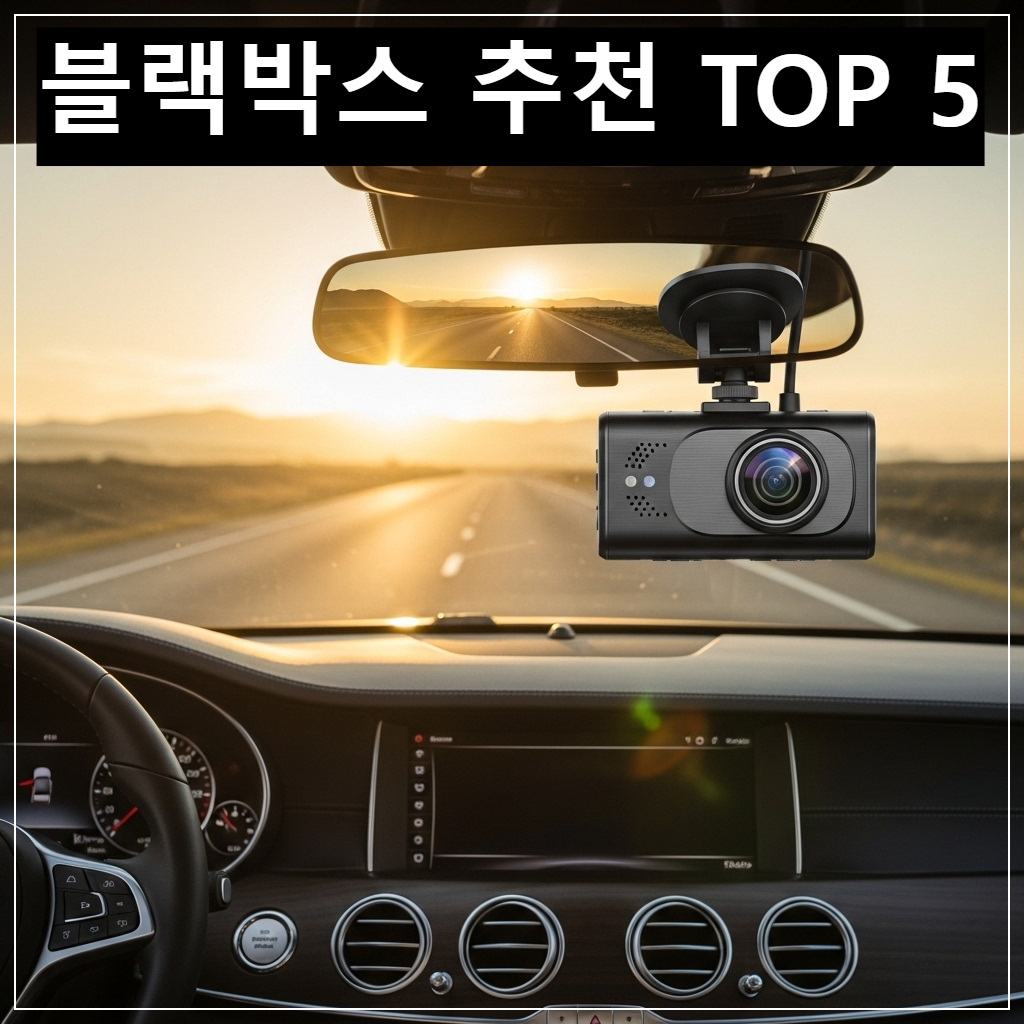 현대적인 자동차의 앞 유리 안쪽에 세련된 디자인의 블랙박스가 설치되어 있으며, 렌즈에는 푸른 하늘과 뻗은 도로가 비치고 있음. 차 내부에는 따뜻한 햇살이 가득함