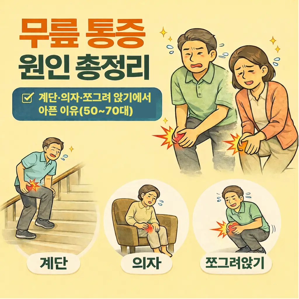 무릎 통증 원인 총정리: 계단·의자·쪼그려 앉기에서 아픈 이유(50~70대)