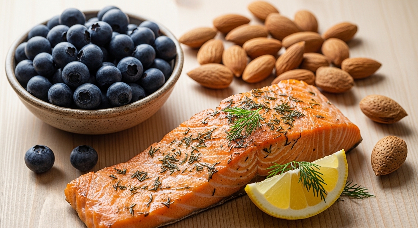 신선한 구운 연어, 블루베리, 아몬드로 구성된 건강한 식단 접사. 혈관 건강에 좋은 음식 조합.