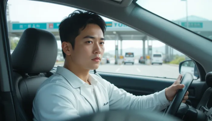 고속도로 통행료 조회 후 톨게이트를 지나며 생각하는 남성의 모습