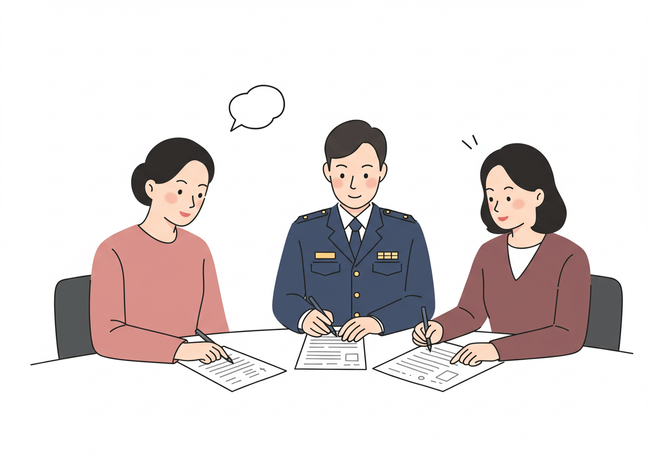 질문하는 시민과 상담하는 공무원이 함께 서류를 검토하는 장면 1