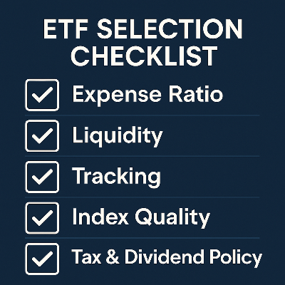 Infographic summarizing ETF selection checklist including cost liquidity tracking index and tax policy