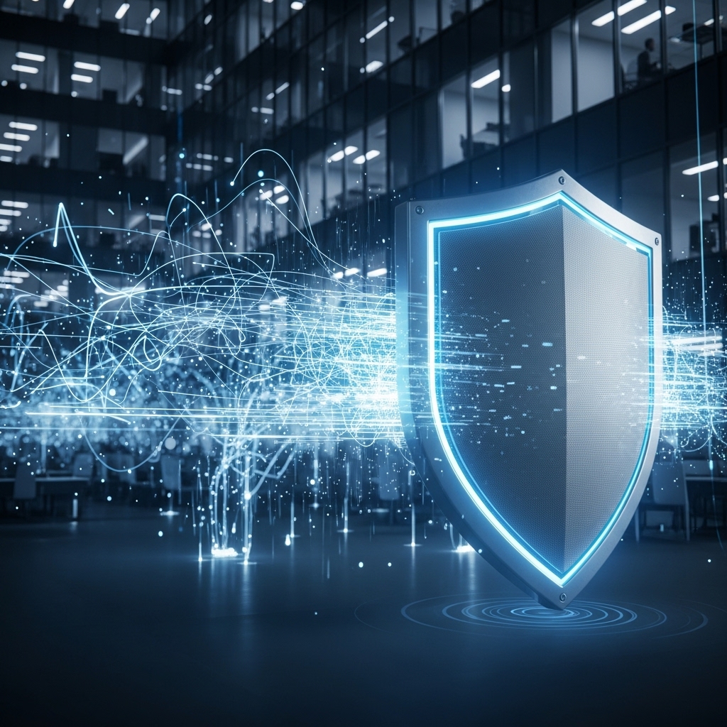 디지털 데이터 흐름을 보호하는 파란색 방패와 그 뒤로 보이는 회사 건물의 모습. 임직원 데이터 보호의 중요성을 시각적으로 나타냅니다.