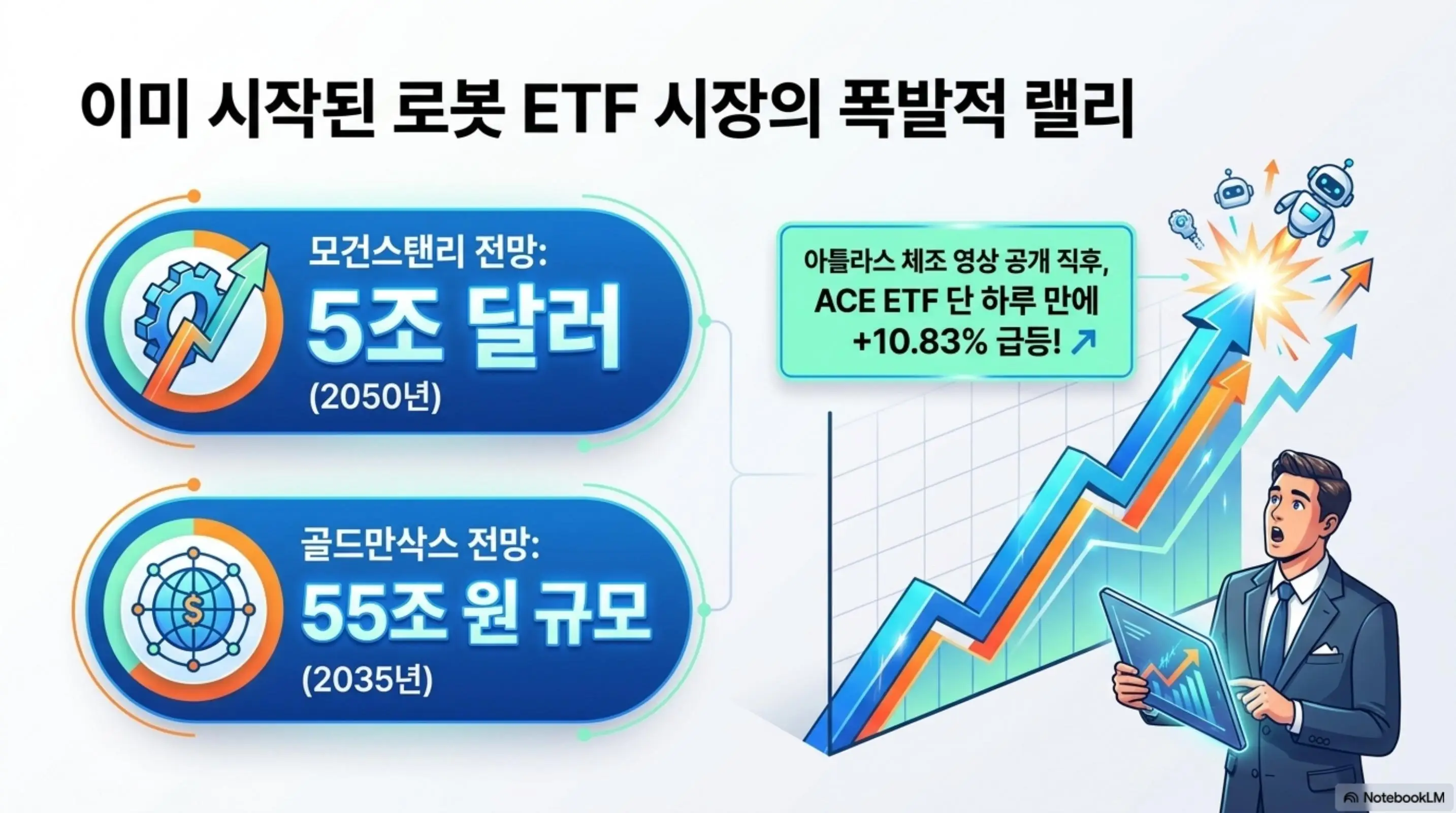 AI 로봇 ETF 비교: 골드만삭스 55조 원과 모건스탠리 5조 달러 시장 전망 수치와 함께 아틀라스 체조 영상 공개 후 ACE 로봇 ETF가 하루 만에 10.83% 급등한 실적을 보여주는 인포그래픽으로 AI 로봇 ETF 시장의 폭발적 랠리를 시각적으로 전달하는 이미지