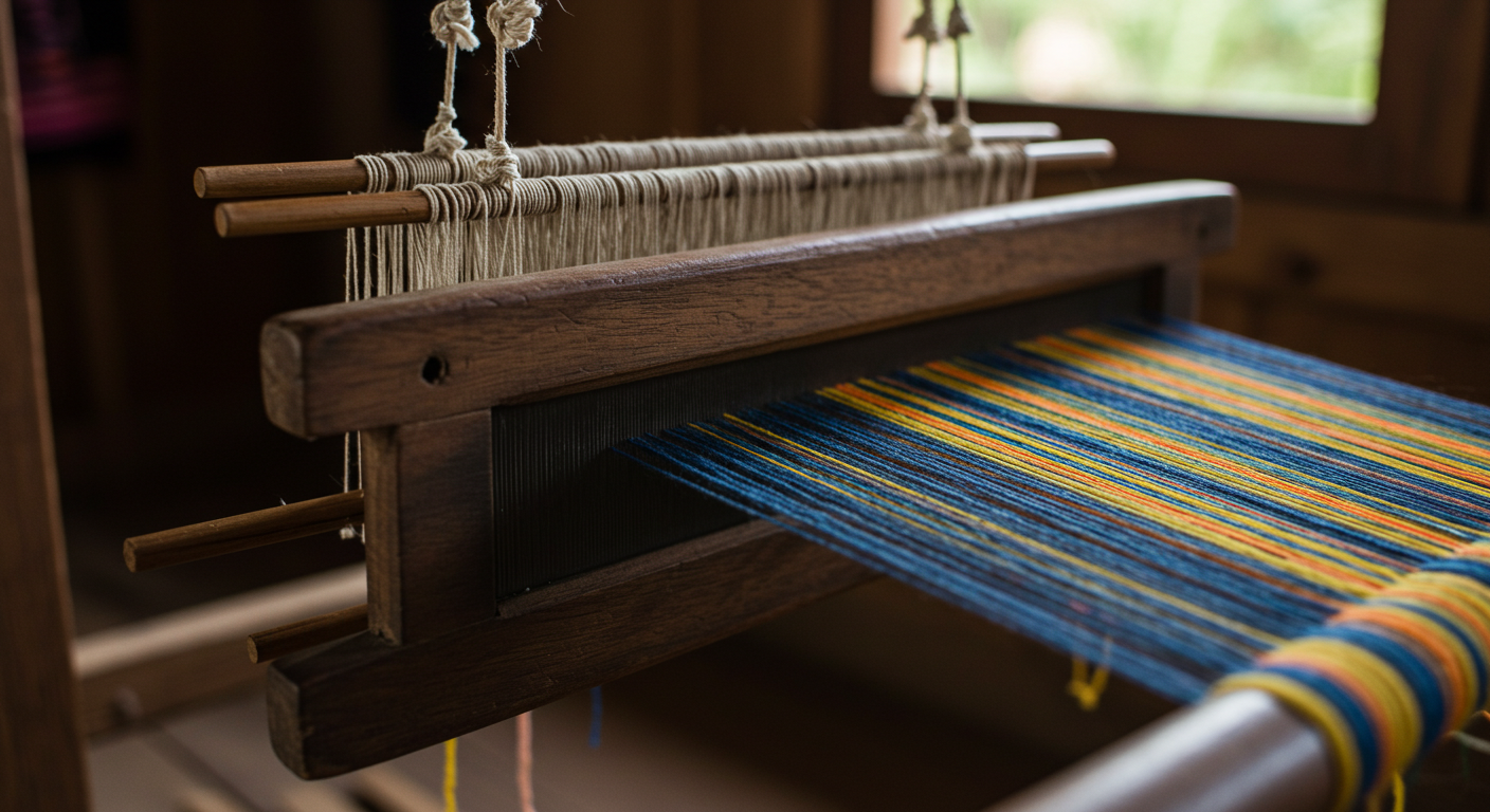 나무로 만들어진 소박한 몽족의 전통 베틀