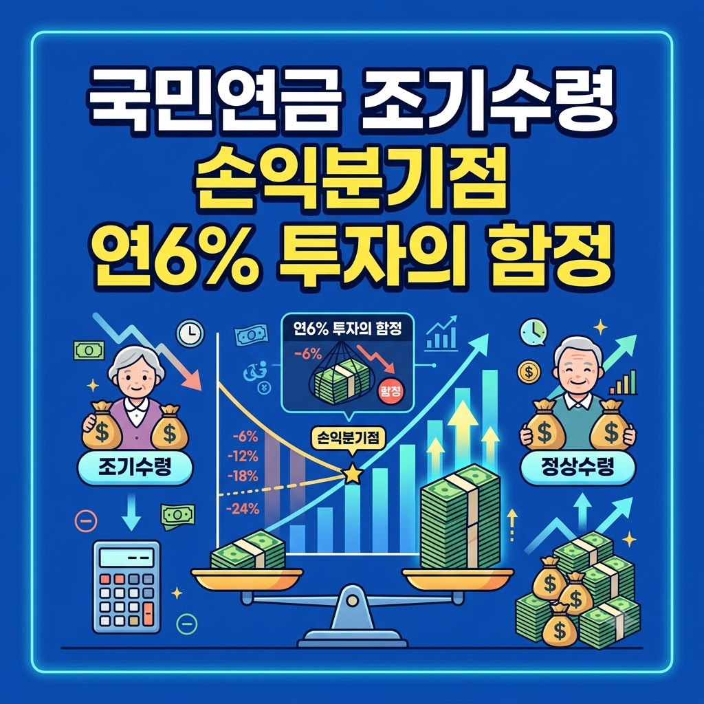 국민연금 조기수령과 정상수령의 손익분기점 및 연 6% 투자 수익률 가정의 위험성을 설명하는 금융 인포그래픽 썸네일.