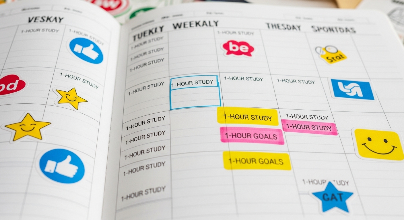매일 1시간 공부 계획이 체계적으로 기록되어 있는 스터디 플래너를 클로즈업한 사진