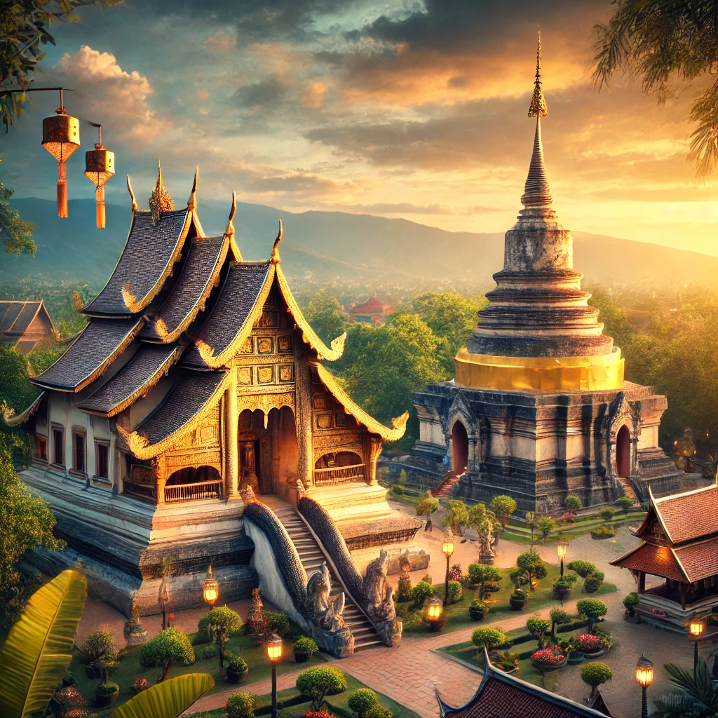 치앙마이 올드타운의 대표 사원인 왓 프라싱과 왓 체디루앙의 아름다운 전경